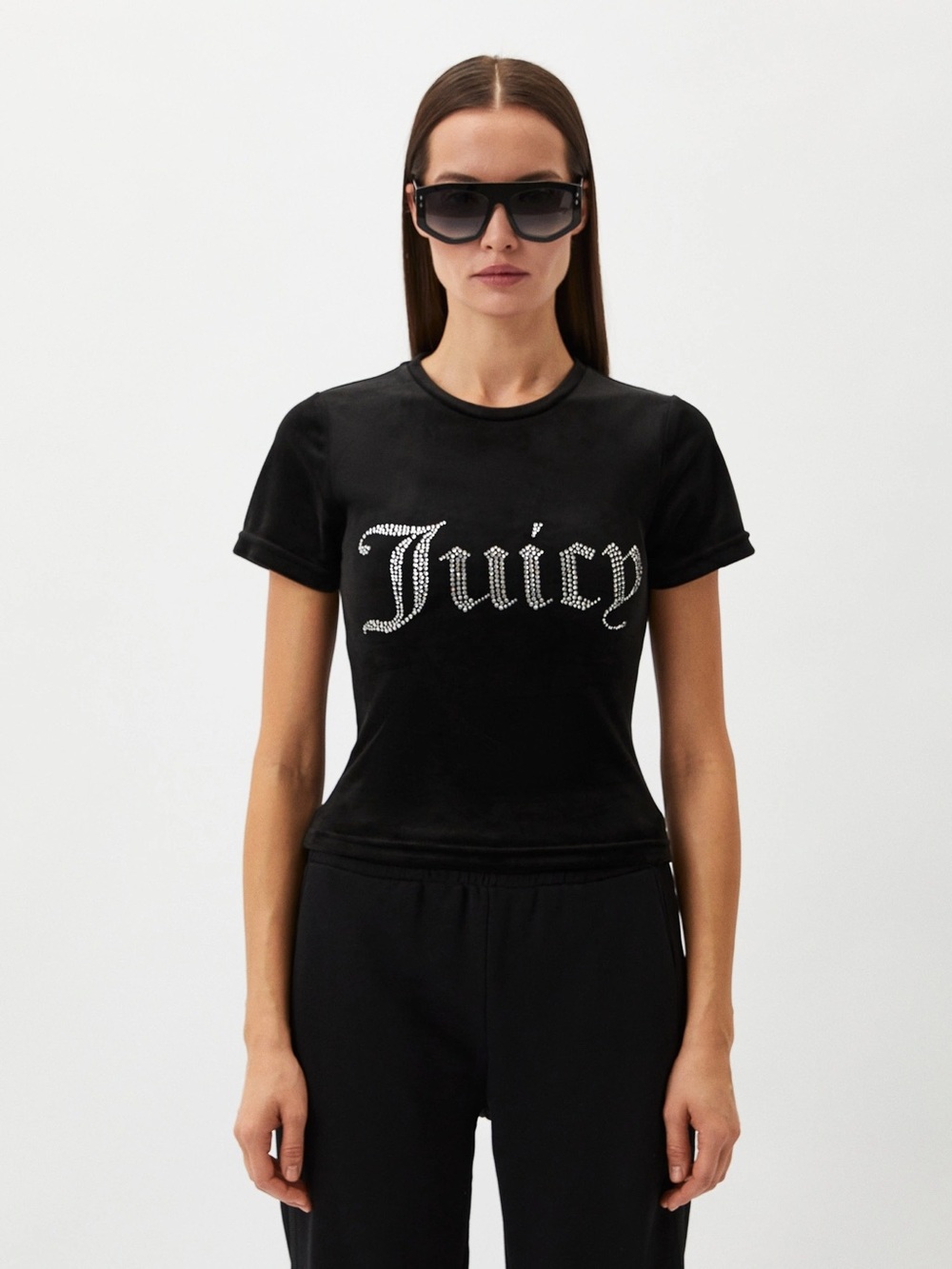 Juicy Couture Black Velour Rhinestone Juicy Tee L Y2K McBling Party Velvet Fall